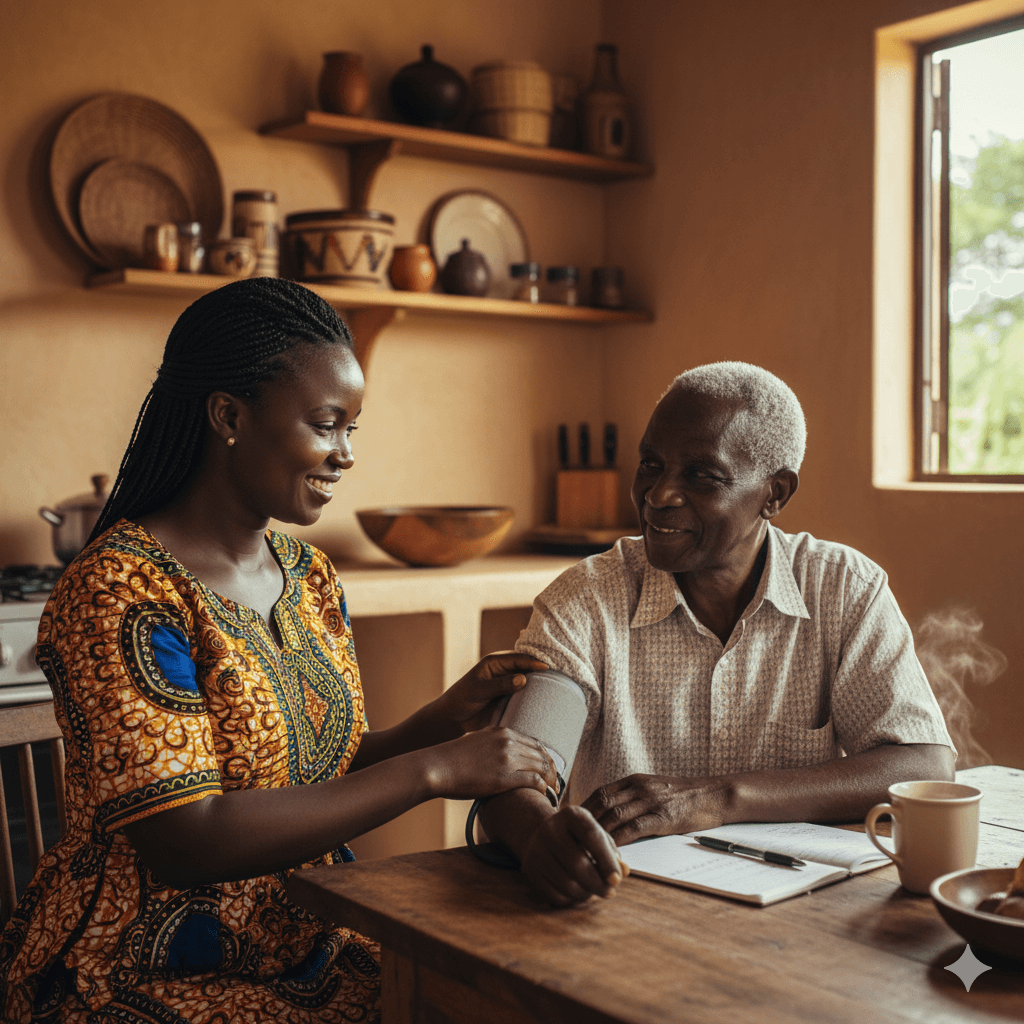 An adult daughter in a Kenyan setting helping her elderly father check his blood pressure at home.